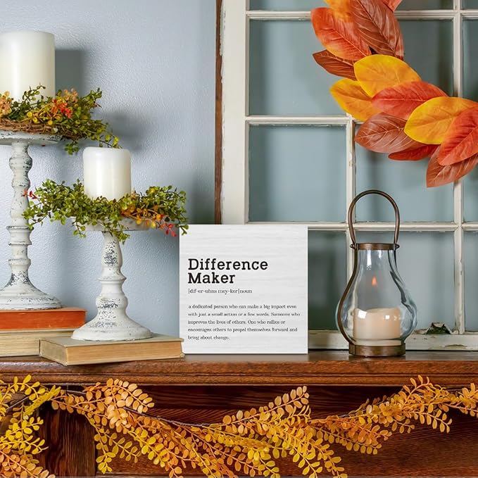 Difference Maker Definition Home Office Decor Wooden Box Sign Motivational Farmhouse Decorative Positive Office Desk Accessories Wood Plaque Affirmations Wood Table Sign for TV Cabinet Shelf