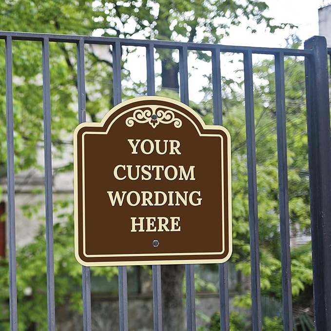Custom Decorative Sign, Personalized Metal Sign for Business, Driveway, Home, Airbnb, Office Door Plaque, Brown Background Sign, 12x12 Inches, ACM, Fade Resistant, Made in USA by Sigo Signs