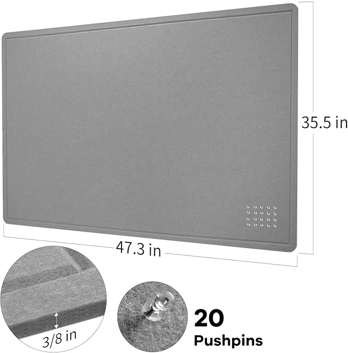 Lightomorrow Large Bulletin Board - 48 x 36 Inches, Decorative Felt Pin Board for Wall - 4' x 3' Foldable Photo Display Board with Self-Adhesive Tape, Includes 20 Push Pins - Gray