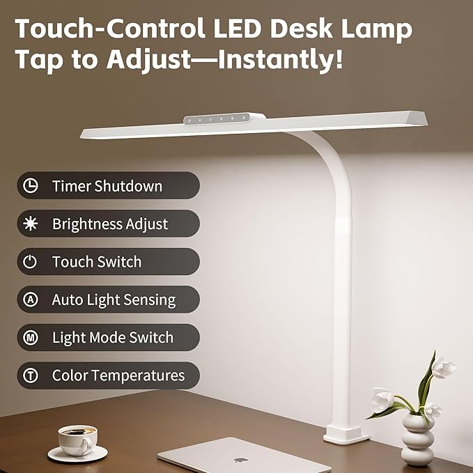 Desk Lamp with Clamp, LED Eye-Caring Clip on Desk Lights for Home Office, Tall Touch Control Dimmable Computer Light with Color Changing, 24W Brightest Architect Desktop Lamp for Screen, White