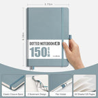 AHGXG Bullet Dotted Journal - 150 GSM Dot Grid Notebook Journal, Thick Acid-Free Paper, A5 Dotted Notebook 128 Pages, Leather Hardcover, Inner Pocket, Journal Stencil, 5.7'' × 8.3'' - Gray Blue