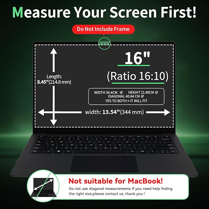 Laptop Privacy Screen 16 Inch, Laptop Screen Privacy Shield 16:10 Aspect Ratio Anti-Glare Blue Light Computer Monitor Protector,Removable 16in Filter for Lenovo HP Dell Acer Asus Thinkpad Envy Xps