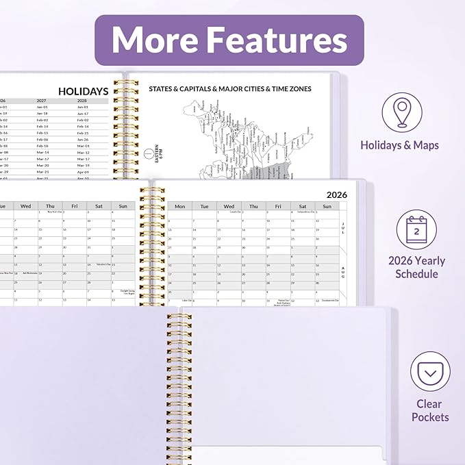 SUNEE 2026 Weekly and Monthly Planner - from January 2026 - December 2026, Daily Agenda Planner with Monthly Tab, Flexible Cover, Note Pages, Pockets, Bookmark, Spiral Binding, Purple, 8.5"x11"