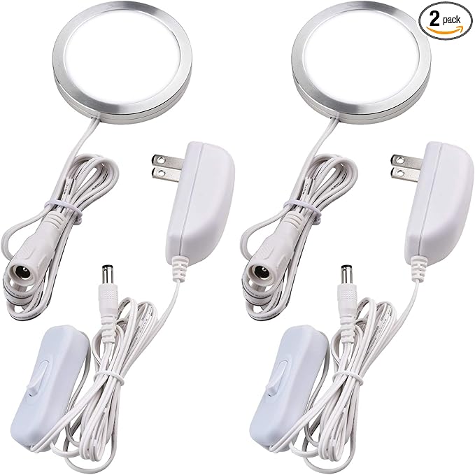 Lvyinyin Single Under Cabinet Puck Light, Collection Display Cases Bookshelf Counter LED Lighting, 120V Electric Wired Wall Plug in, On Off Switch, White Cords, 2 Packs, Daylight