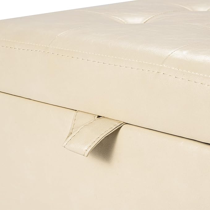 Asense 17 Inch Faux Leather Ottoman with Storage, Square Ottoman Footstool Upholstered Footrest for Couch Entryway Bedroom Living Room, Beige