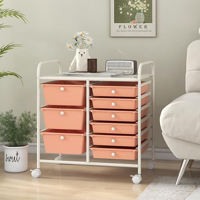 LDAILY 9 Drawer Rolling Storage Cart, Rolling Cart with Drawers for Classroom, Art Supply Craft Organizer on Wheel with Metal Frame & Handles for Home Office School