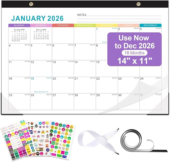 Gannyfer Desk Calendar 2026, Fridge Calendar Magnet, 18 Monthly Small Yearly Desk/Wall 2026 Calendar, Use Now to Dec 2026, 14" x 11", with Plastic Cover Corner Protectors Hanging String, 2025-2026 Desk Calendar for Office, Home and School (3 Sticker)