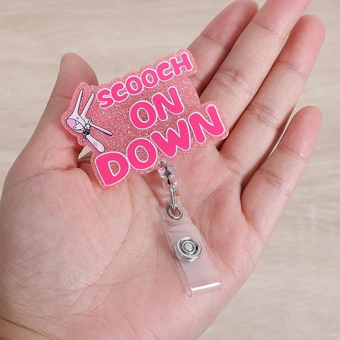 Scooch on Down Funny OBGYN Badge Reel | Retractable ID Card Labor and Delivery Badge Holder | Name Tag Medical Work Badge Clip for RN LPN CNA MA ER Night Shift Nurse Nursing Student Doctor Gifts