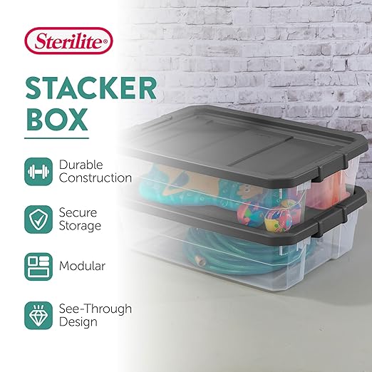 Sterilite 24-Pack Modular Stacker Box, Durable Clear Plastic Storage Bins with Latching Lids, 40 Quart - Stackable Organizing Container Boxes for Closet, Bathroom, and Office