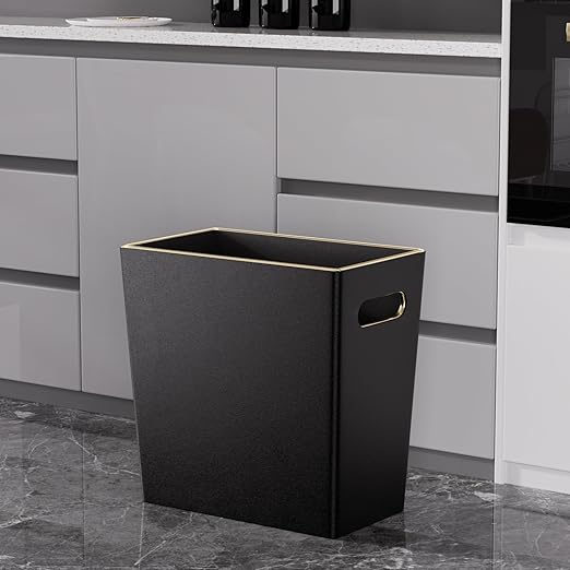 LADSTAG Black 3 Gallon Waste Basket 4 Gallon Trash Can, Office Wastebasket with Gold-Tone Edging Decoration for Bathroom,Pu Leather Waste Bins for Toilet Bedroom Living Room, Office Home Modern Decor