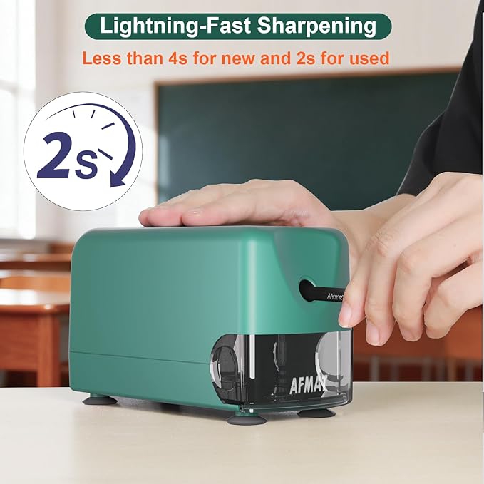 AFMAT Electric Pencil Sharpener, Cordless & Rechargeable, Heavy Duty Classroom Pencil Sharpeners for 6-11mm Pencils, Auto Stop, 2s Fast Sharpening, Battery Powered, 10,000 Sharpenings, Green, PSD3
