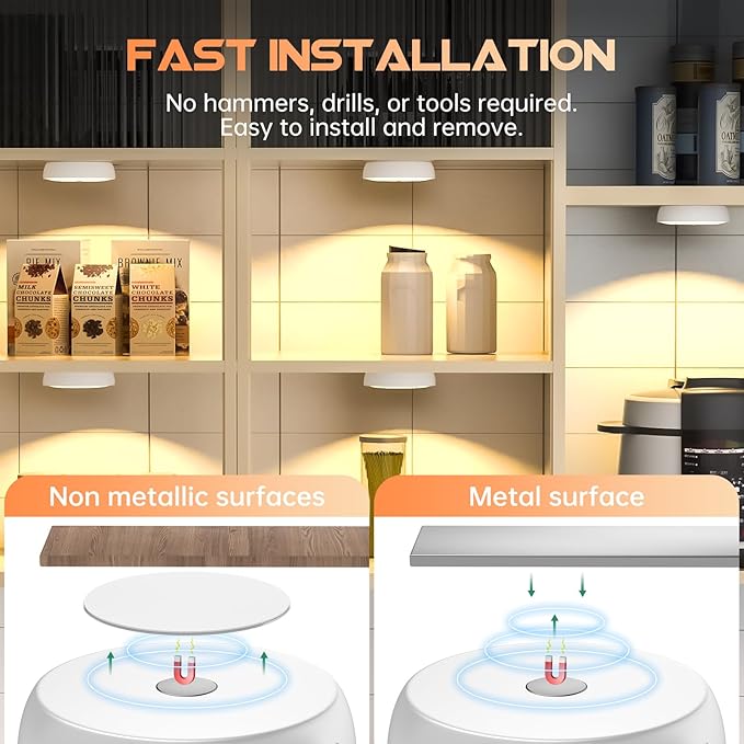 LED Closet Lights Motion Sensor Puck Light with Charge Station, USB Rechargeable Battery Operated Puck Step Lights, Dimmable Under Cabinet Lighting for Counter Wardrobe Kitchen (6 Pack)