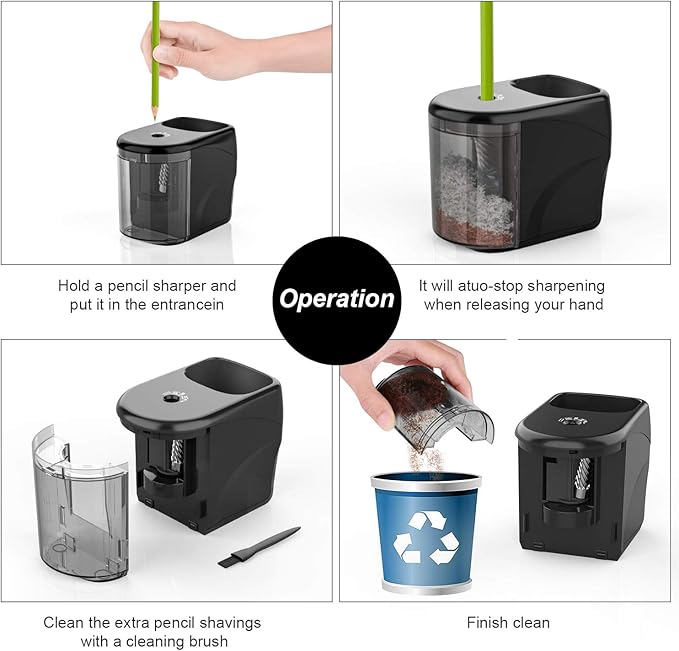 Electric Pencil Sharpener Heavy-Duty Helical Blade Sharpener USB/Battery Operated for No.2/ (6-8mm) Pencils with Auto Stop & Cleaning Brush in School/Classroom/Office (Black no Adapter)