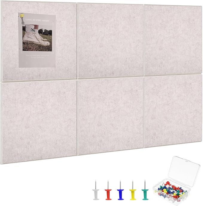 Thboxes Large Cork Board 36" x 24", 6 Pack Felt Wall Tiles with Colored Pushpins, Bulletin Board with Removable Self-Adhesive Strips, Pin Boards Cork Boards for Walls Office Home-Light Tan