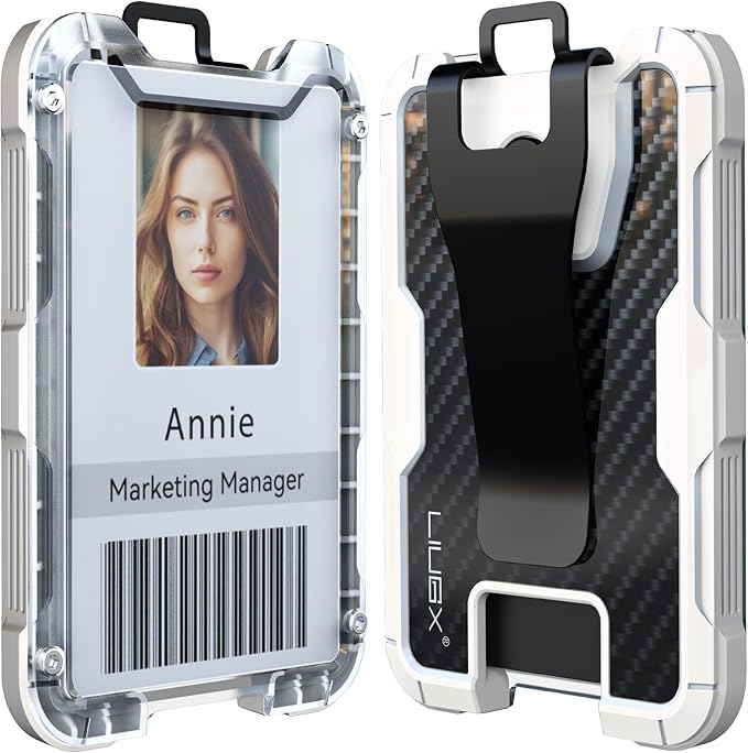 LIUGX Carbon Fiber Badge Holder, ID Card Holder with Metal Clip - Heavy Duty Portable Wallet (Holds 1to 4 Cards),for Office Police Worker Outdoor, White