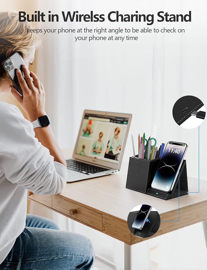Desk Supplies Organizer, Multi-Functional Pencil Pen Holder with Wireless Charger, Desktop Stationery Organizer, Home Office Supply Storage Box Caddy (Black)
