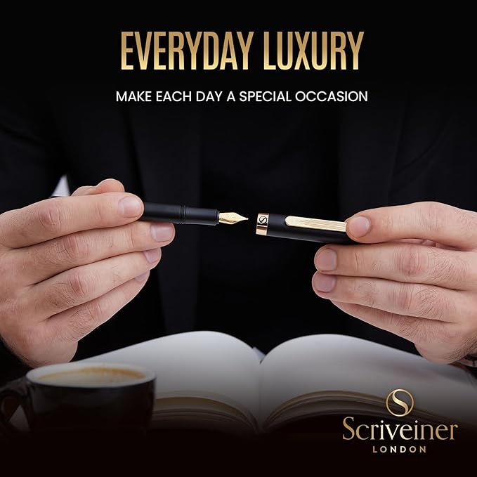 Scriveiner Luxury EDC Fountain Pen (Fine), Stunning Black Pocket Pen with Real Gold Finish, Schmidt Gilded Nib, Ink Converter, Best Writing Gift Set for Men & Women, Nice Fancy Office Designer Gift