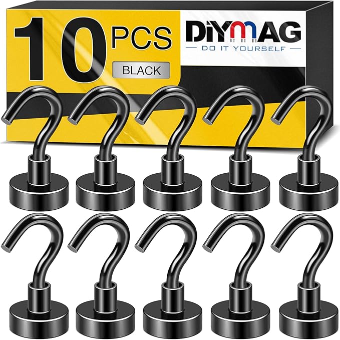 DIYMAG Magnetic Hooks for Hanging Cubicle Accessories, 30lbs 2026 Cruise Cabin Ship Essentials N52 Magnetic Hook Heavy Duty Strong Magnets Fridge for Classroom Beach Kitchen Grills 10 Pack Black