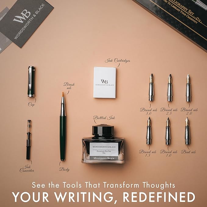 Wordsworth & Black Calligraphy Pen Gift Set, Includes Bottle, 6 Cartridges, Refill Converter, 6 Replacement Nibs, Premium Package, Journaling, Smooth Writing Pens [Green Chrome]