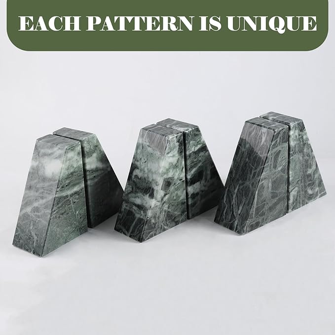 Karibiber Marble Bookends for Heavy Books, Decorative Bookends for Shelves, Green Stone Book Ends, Heavy-Duty Book Ends for Hardback Book & Cookbooks, Unique Book Stopper & Holder, Set of 2
