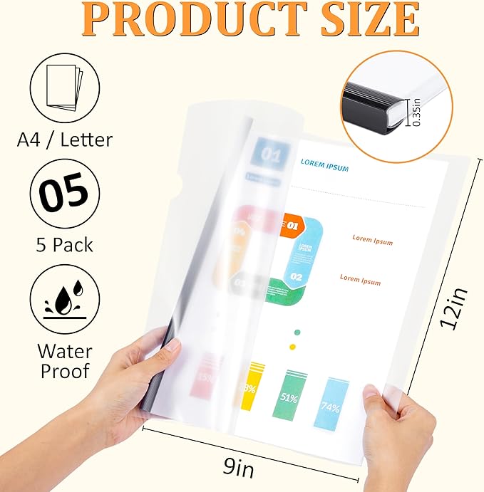 5 Pack Report Covers with Sliding Bar - Clear Plastic Presentation Folders for A4 & Letter Size Paper, 70 Sheet Capacity File Document Binder for School, Office, Resume & Business Use