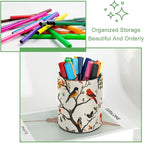 Leather Pen Holder for Desk, Colored Birds Flowers Trees Pencil Cup Desktop Organizer Makeup Brush Holders Office Supplies for Home, Kids & School