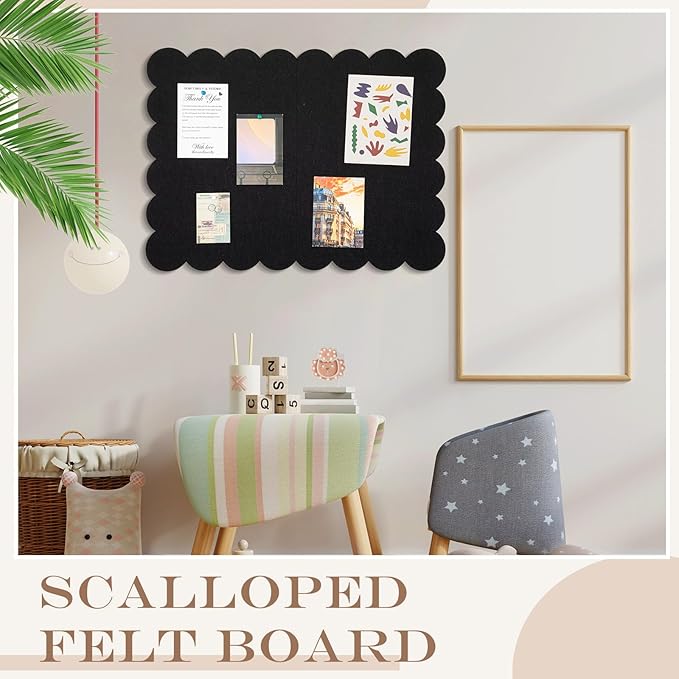 Mooliwe Scalloped Felt Bulletin Board 36 x 24 Inches Foldable Black Pin Cork Board Alternative for Wall, 3' x 2' Trifold Picture Vision Self Adhesive Bulletin Decorative