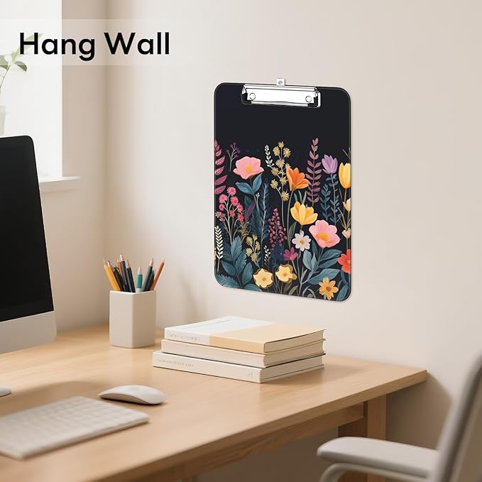 Luminzo Plastic Cute Clipboard Low-Profile Metal Clip, A4 Letter Size 9 x 12.5 in, 8.5 x 11 Paper Clip Board for Teachers, Nurses, Classroom,Black Flower
