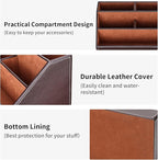 KINGFOM Pu Leather Desk Organizer with 5 Compartments Holder, Multi-Functional Office Supplies Storage Caddy for Pen/Pencil, Phones, Remote Controller and Desktop Accessorie Brown