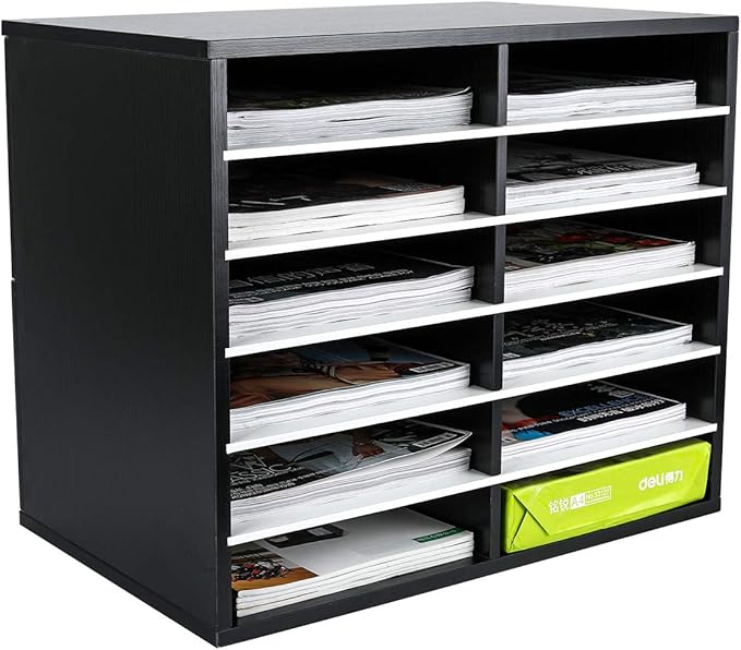 EasyPAG Wooden Literature Organizer with Adjustable Shelves, 12 Compartments Office Paper Organizer Storage 6000 Sheets Letter Size Paper, Student Mailbox for Classroom, Black/White