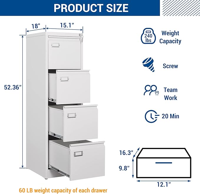 Fesbos File Cabinets - 4 Drawers Vertical 17.8" Deep Lockable Filing Cabinet - White Metal Storage Cabinets for Home Office to Hanging Files Letter/Legal/F4/A4 Size