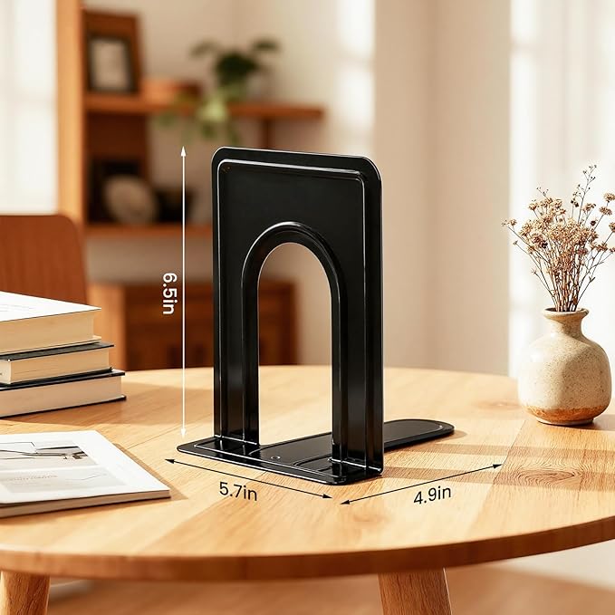 HappyHapi Book Ends, Metal Bookends for Shelves, Non-Skid Book End to Hold Books, Black Book Stopper/Holder for Office Home Kitchen, 5.7X 4.9 X 6.5 in, 3 Pair(6 Pcs, Large)