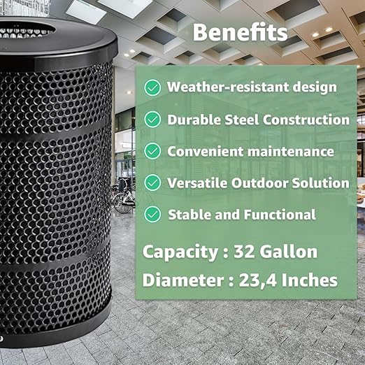 Zedfire 32 Gallon Perforated Waste Bin with Flat Lid, Steel Outdoor Heavy-Duty Commercial Trash Can, Round Recycle Container, Durable Garbage Can for Parks, Municipalities, Parking, Schools