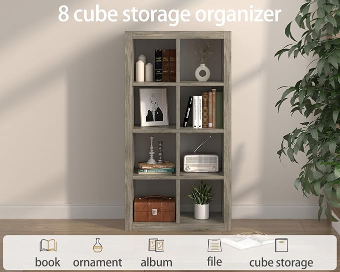 furtble Bookshelf with Storage Bins, 8-Cube Storage Organizer, Modern Wood Open Bookcase, Multifunctional Display Shelf for Living Room, Bedroom, Home Office, Gray Oak