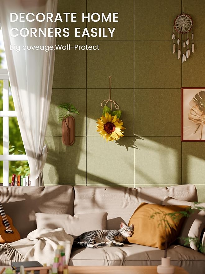 Bumusty Large Cork Board 47"x35" Alternative - 12 Pack Felt Wall Tiles with 70 Safe Removable Adhesive Tabs, 30 Pushpins, Cork Boards for Walls Pin Board Bulletin Board Office Decor (Olive Green)