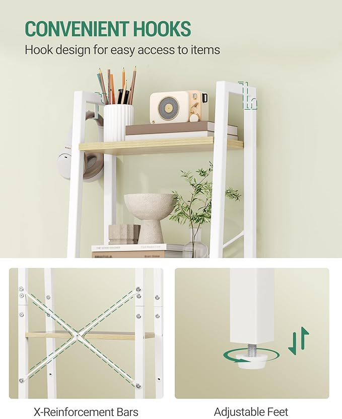 Hzuaneri Ladder Shelf, Bookshelf Bookcase, Freestanding Corner Storage Shelve with 2 Hooks for Home Office, Living Room, Kitchen, Bedroom, Industrial, 11.8" D x 17.3" W x 63" H, White Oak and White