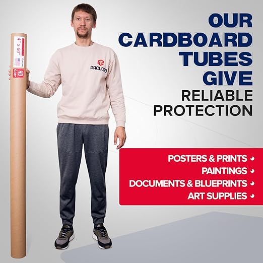 Paclord 4" x 60" Heavy-Duty Reinforced Cardboard Mailing Tube, Pack of 4 Tubes with 8 Caps – Secure USPS Approved – Great for Shipping and Storing of Prints, Artwork, Posters or Documents