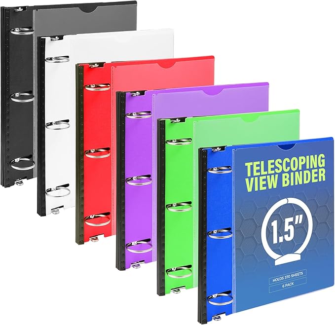 WOT I 1.5 Inch Telescoping 3 Ring Binder 6 Pack, Expandable Flexible Binder with Customizable Front Cover & Clear Catalog Pocket, Holds 370 Sheets, Assorted Colors, School Office Supplies