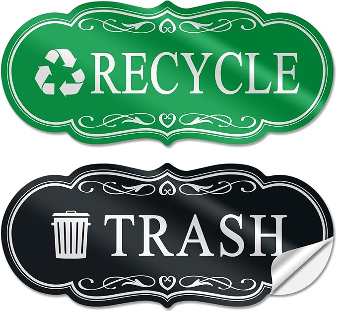 ASAVI Trash & Recycle Stickers – 2-Pack Self-Adhesive Vinyl Labels, Waterproof & Durable (Green Black, Medium 6.3 x 2.7 inches)