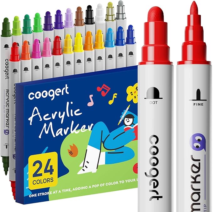 Coogert 24 Paint Pens for Rock, Fabric, Wood, Glass, Craft, Dual Tip Acrylic Paint Markers With Fine-Dot Tip for Canvas,Ceramic, Plastic, Art Painting Supplies Kit