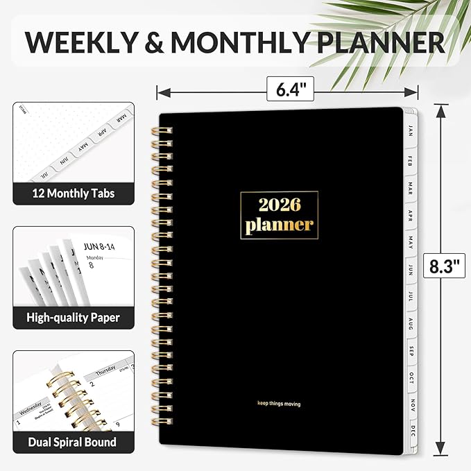SUNEE 2026 Planner, Weekly and Monthly Calendar Planner, January 2026-December 2026, Daily Agenda with Tabs, Note Pages, Spiral Binding, 6.4"x8.3", Black