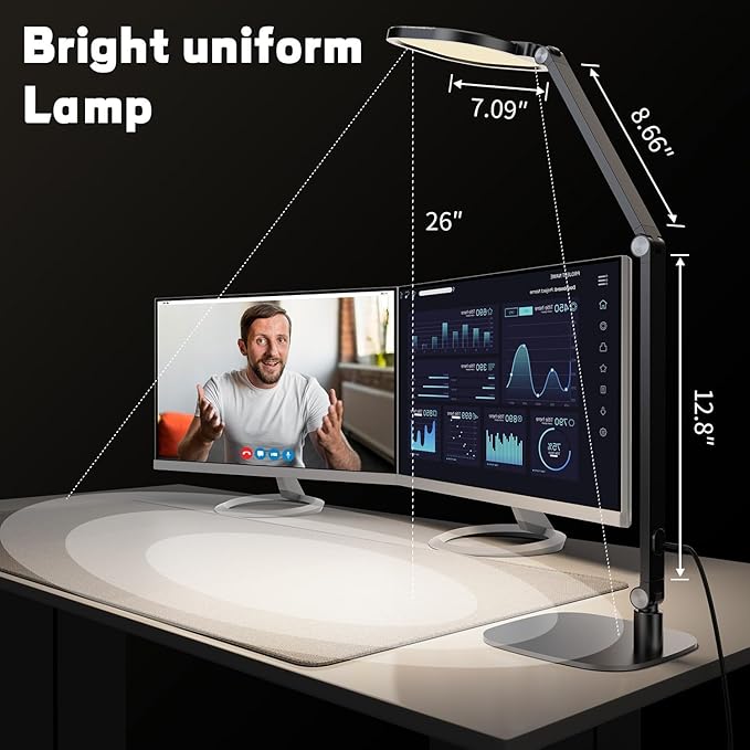 LitONES LED Desk Lamp for Home Office, Eye-Caring Modern Desk Light, 3 Color Temperature 10 Brightness Computer Light, Dimmable Desk Light with Memory & Timer Func, Metal Swing Arm Table Lamp