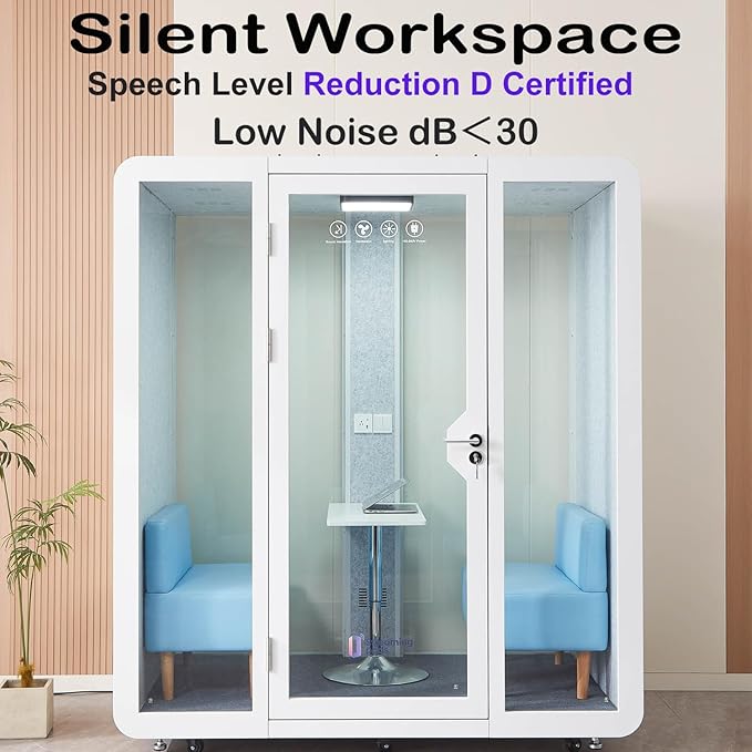 Mobile Office Pod Booth, Sound Pod, Large Space SoundProof Pod 2-4 People, Sound Booth Mobile Roller, LED Lighting, Centrifugal Fans and AC USB Ports - for 2-4 Persons White