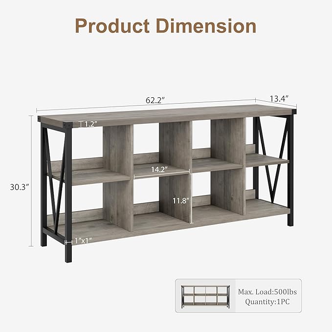 GarveeHome 8 Cube Storage Organizer Bookshelf, Farmhouse Horizontal Bookcase, 62 Inch Wood Storage Bookcase for Entryway, Long Low Bookshelves for Living Room (Grey, 8 Cube Metal)