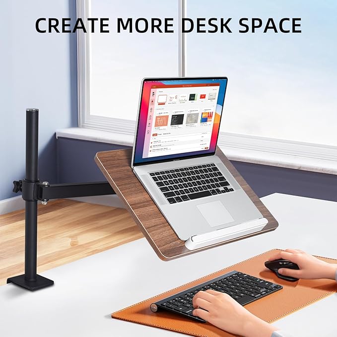 Adjustable Book Stand with Desk Clamp Mount, Wooden Reading Holder with Metal Arm, Black
