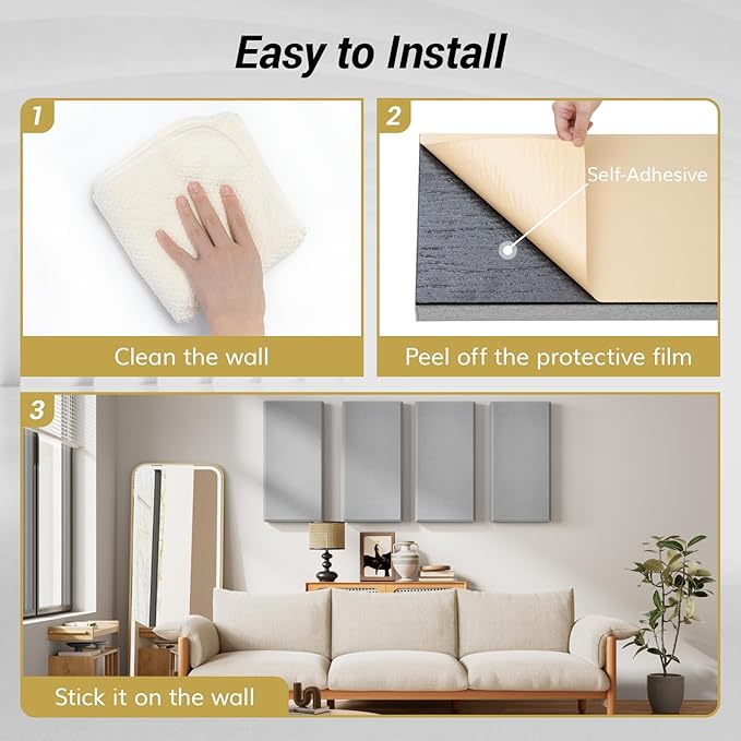 TONOR 4 PCS Large Acoustic Panel, 23.6″ * 11.8″ * 2.36″ 3D Fiberglass Sound Proof Panel with Full Self-Adhesive, Decorative Echo Absorbing Wall Panel, for Studio, Living Room, Home, Office, Grey