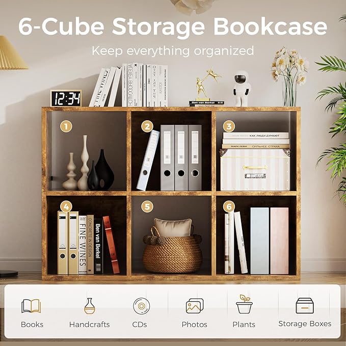 COMHOMA 6 Wood Cube Storage Organizer with Open Back and Removable Back Panels, 11In Brown Cube Storage Bookshelf, Cubicle Shelf Bookcase for Home Office Bedroom Living Room, Vertical or Horizontal