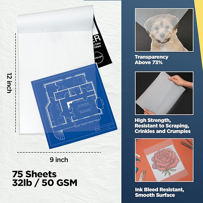 LOUPELLER 9” x 12” Tracing Paper Pad – 75 Sheets of 32lb 50g – Wrinkle Free Highly Transparent Tracing Paper for Drawing – Works with Pen, Pencil & Marker – for Artists, Architects & Kids