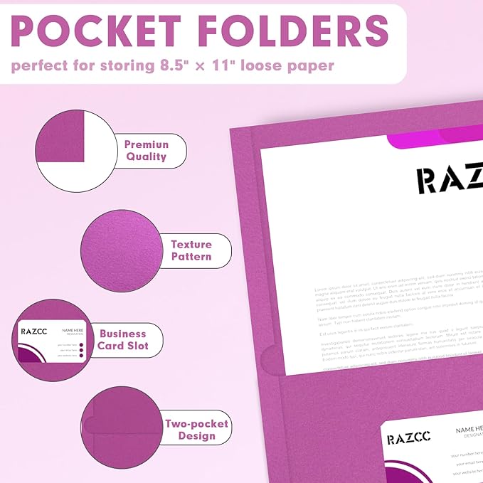 Two Pocket Folders, RAZCC 50 Pack 2 Pocket Folders Fit Letter Size Paper, Paper Folders with Pockets for School Office Business Home (Rose Purple)