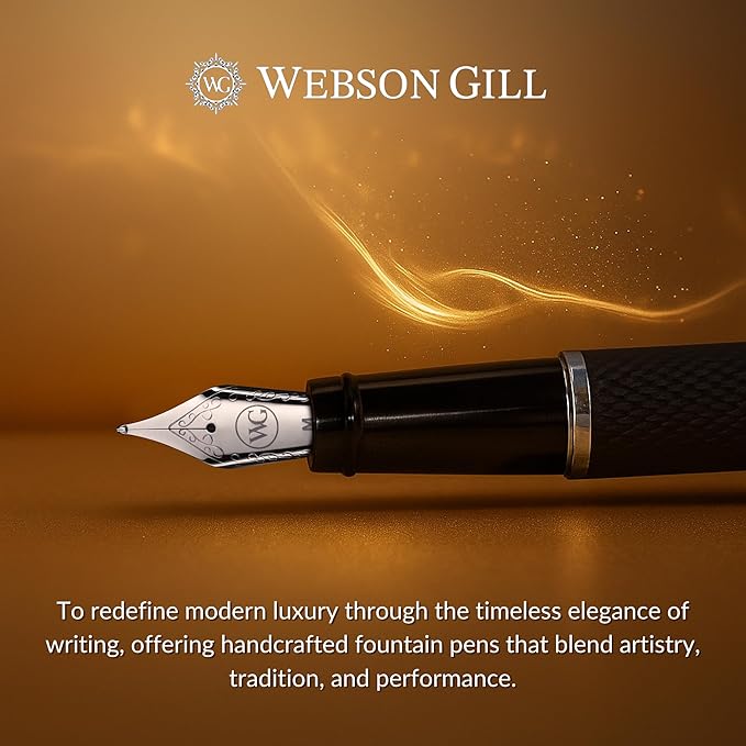 Webson Gill Show Up' Black Luxury Executive Fountain Pen, Woven Lacquer & Chrome, Medium Nib, Smudge Free, No Bleed, Use Any Fountain Ink with Included Converter, Fits Cartridges (sold separately)
